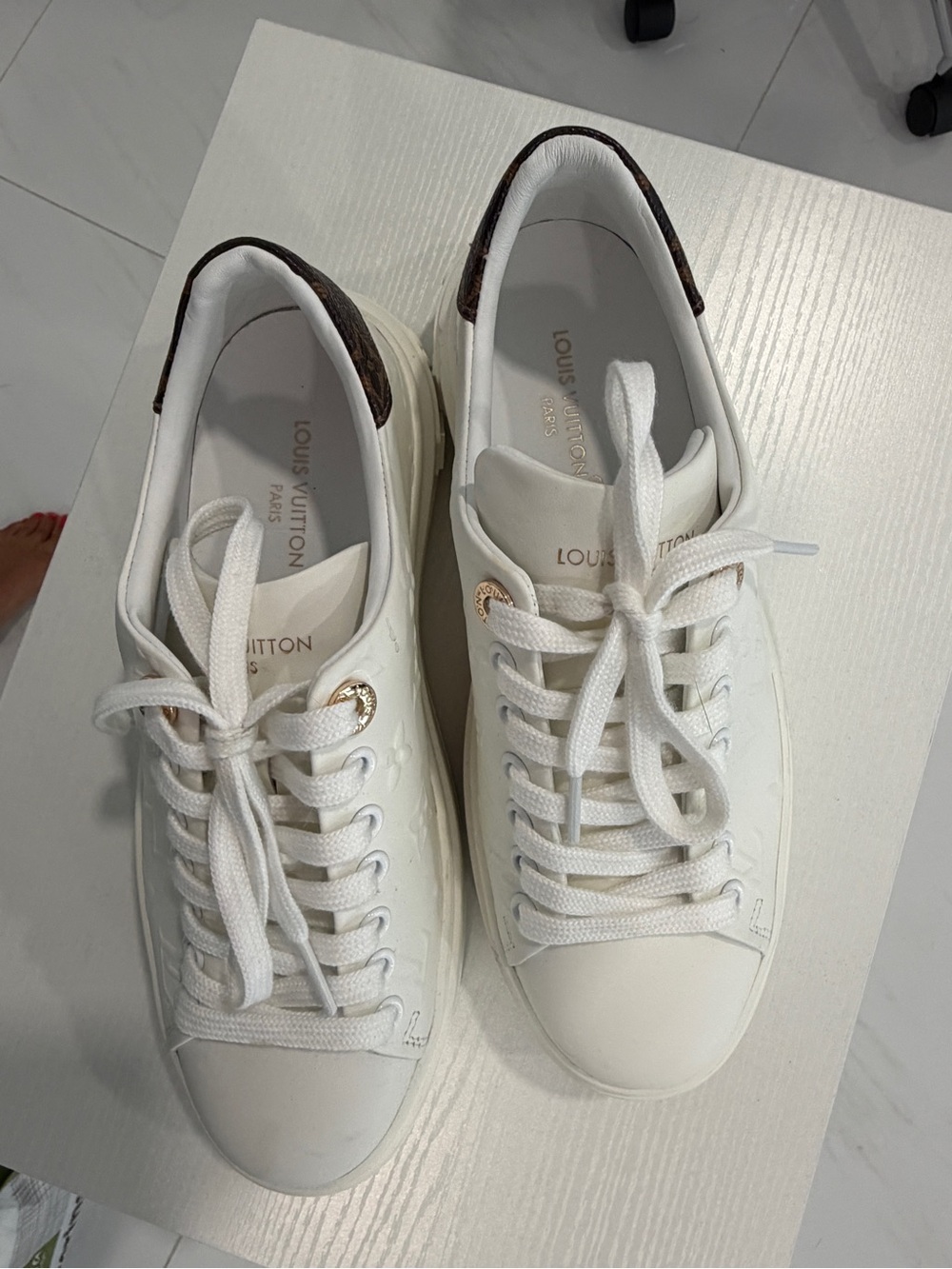 White Embossed Leather Sneakers with Gold Accent - Women's - Picture 2 of 5